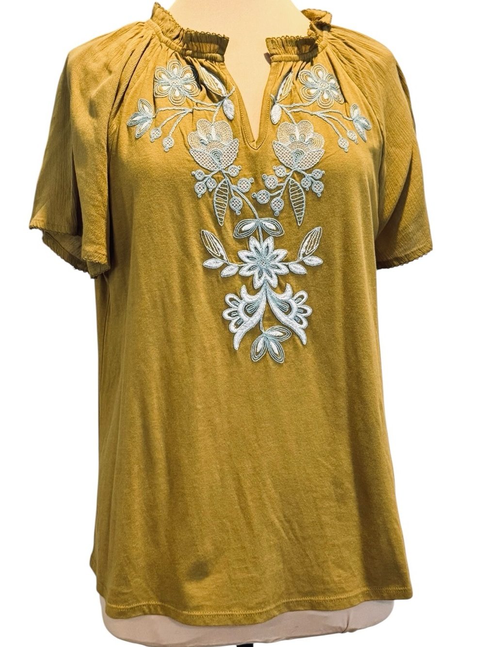 J. Jill Mustard Yellow Turquoise Embroidered Boho Short Sleeve Top blouse M NWT
